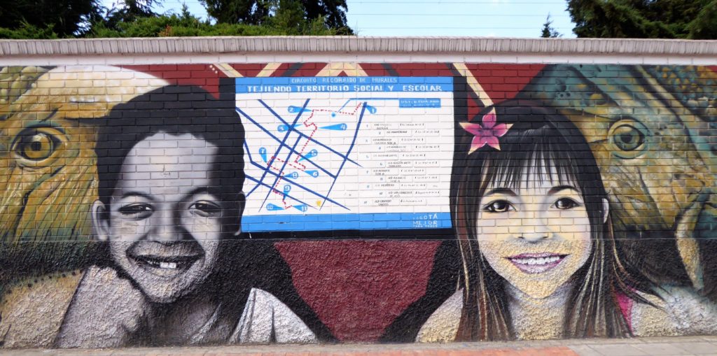 Street art in Bogotá: 'Uniting school and social territories': a mural on the Avenida El Dorado maps out other murals in the zone.