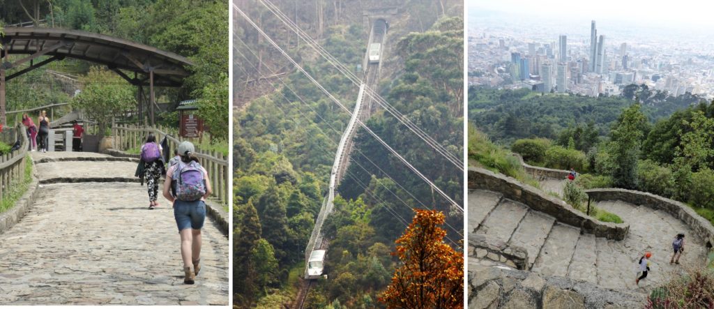 Walking up to Bogota´s Monserrate: The start of the Monserrate trail, see map below for directions.  The funicular railway. Steep steps and good views of the city.