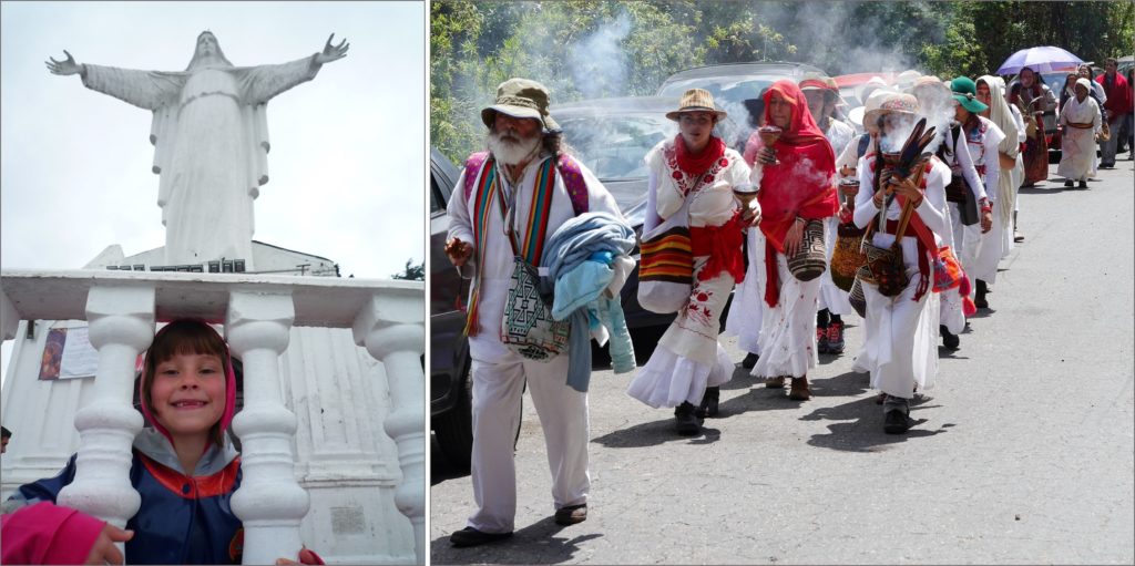 The Virgen of Guadalupe, like Monserrate, was a Muisca shrine long before the Christian invaders. 
On the right: Muisca indigenous march to the summit to 'reclaim' their ancestral site with charms and incense.