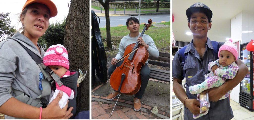 Johana, left, is an office manager back in Venezuela. Here she sells sweets. Alejandro, centre, is a cellist in Caracas but now busks. Diego, right, uses his baby to help him get free food in restaurants. 