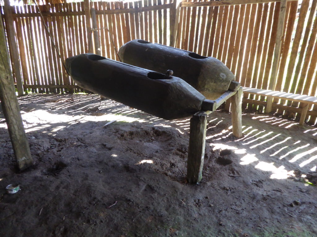 Colombia Amazon El Encanto: Traditional drums in the maloka of the Murui people in San Rafael.