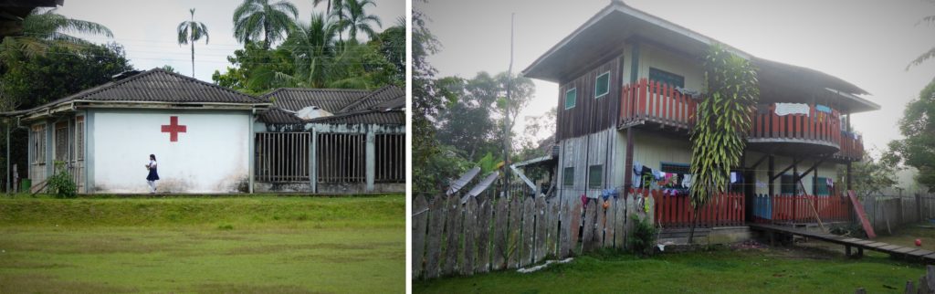 Colombia Amazon El Encanto: The health post in San Rafael, left, and a large wooden house, right. People here seem relatively wealthy compared to other Amazon communities.