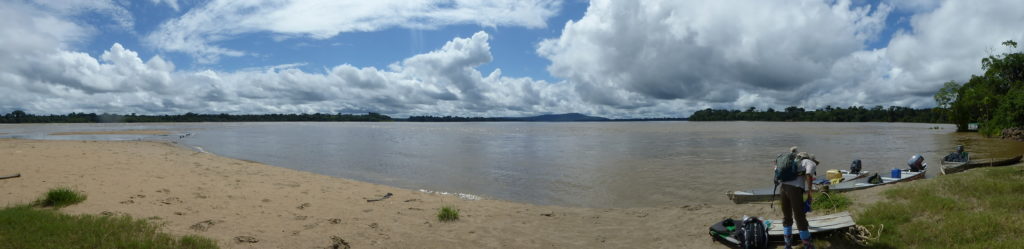 The wide Caquetá River at Curare, just below the Cordobá Raudal (rapids) about 30 minutes upriver from La Pedrera