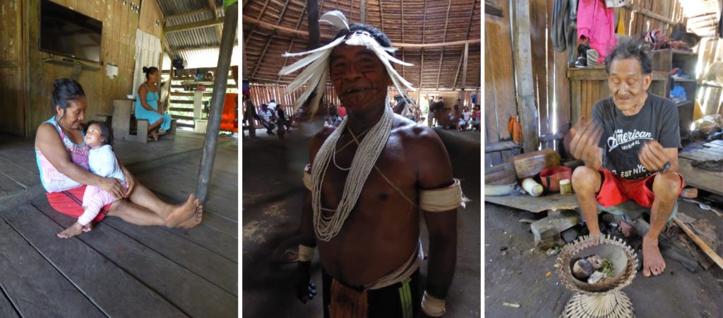 Mother and child in Puerto Cordoba, left, 'capitan' of Camaratagui community, centre, and traditional healer in Curare, right.
