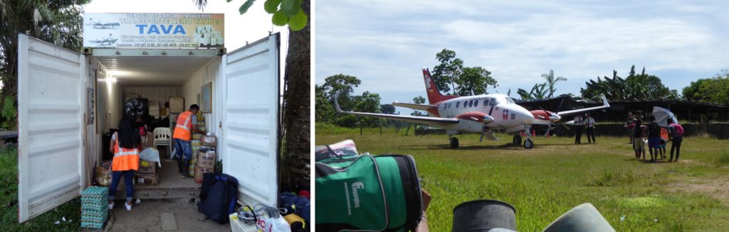 An air ambulance waiting to take a pregnant woman to Bogotá, right, and the TAVA 'office' (a shipping container) in Leticia, left.