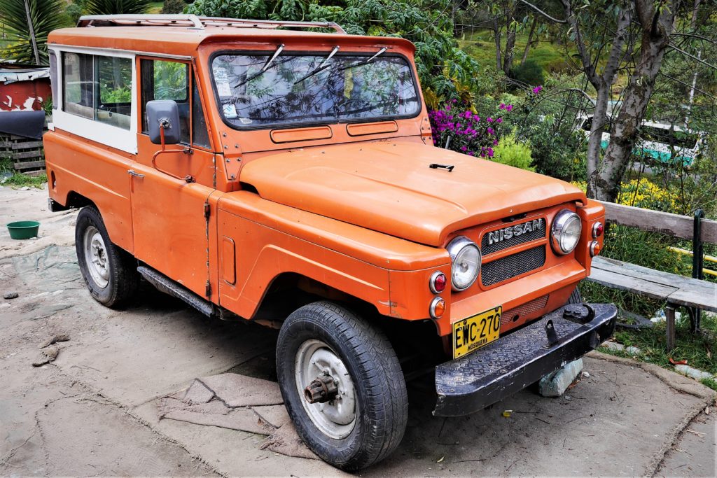 A boxy series 60 Nissan Patrol, probably from the early 1970s, in Bosque Calderón barrio. Bogotá.