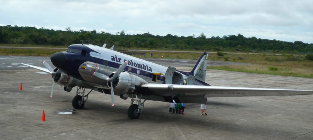 An Air Colombia DC-3 with rotary engines in Inírida, Guainia, Colombia in 2013. I rode this in the cockpit to fly to San Felipe. 