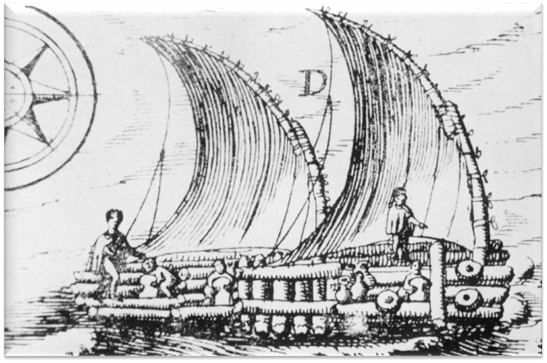 An 18th century balsa raft near Guayaquil. Note the lateen sails. Similar craft existed before the conquest.