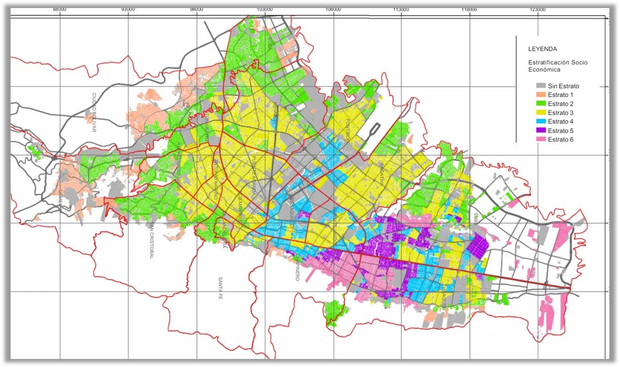 Estrato map of Bogotá; for more detailed maps of each locality, click this link here.