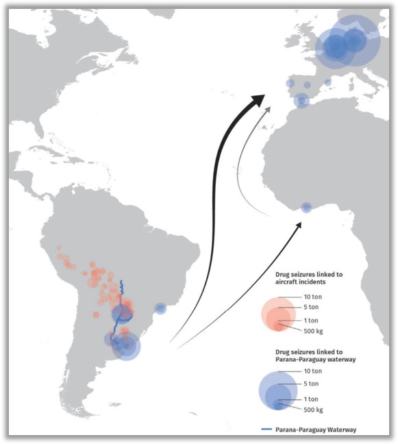 UNODC map showing new cocaine routes through South America and on to Africa and Europe.