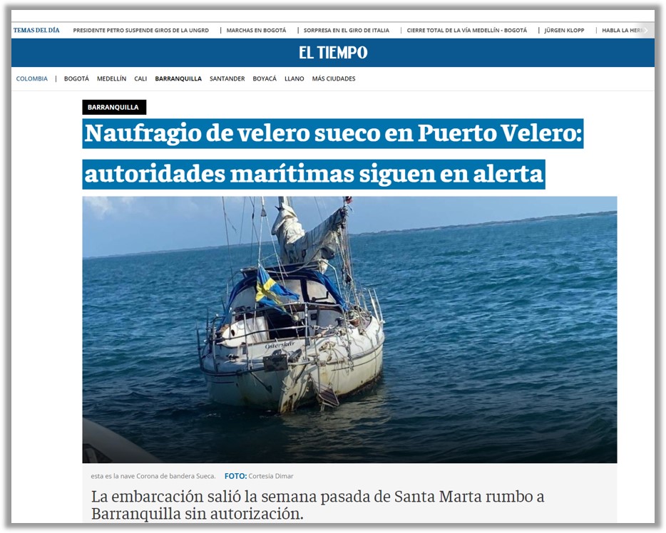 Shipwreck of Dokhus II reported in Colombian media