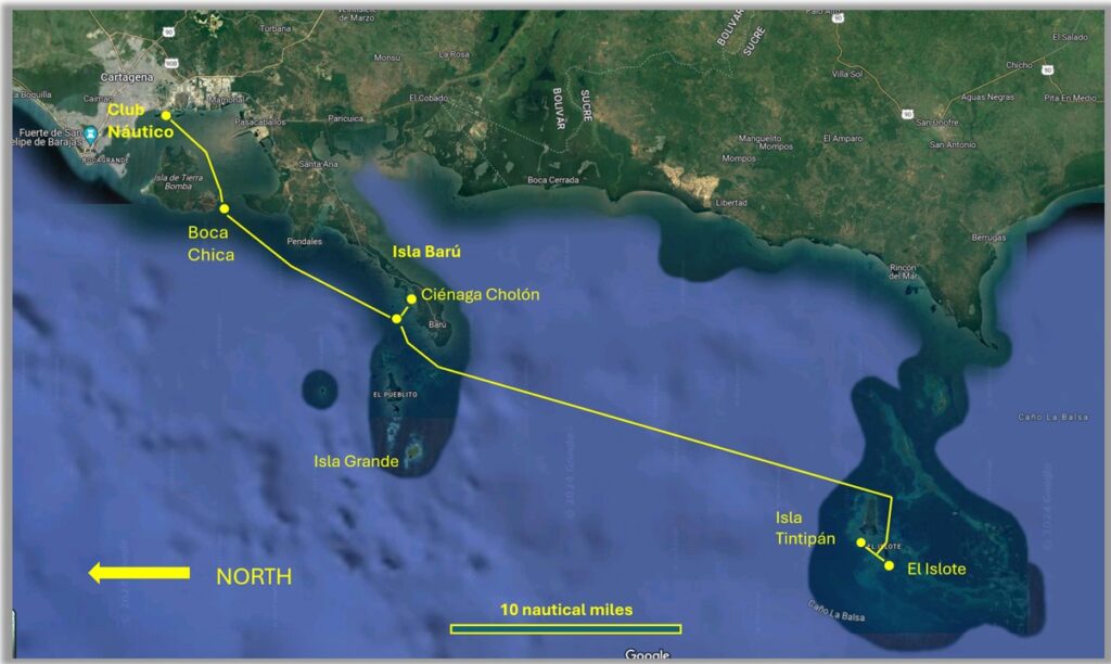 Our route up and down a small section of Colombian coast starting and ending in Cartagena. 