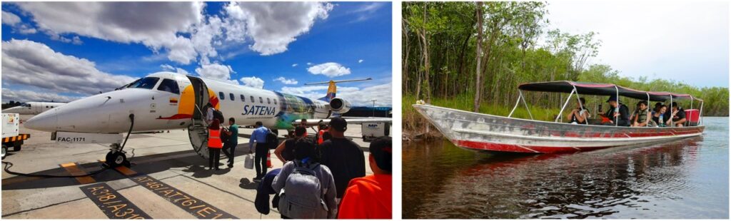 Satena flies daily to Inírida from Bogotá, but flights fill fast. A volador speed boat on the river.