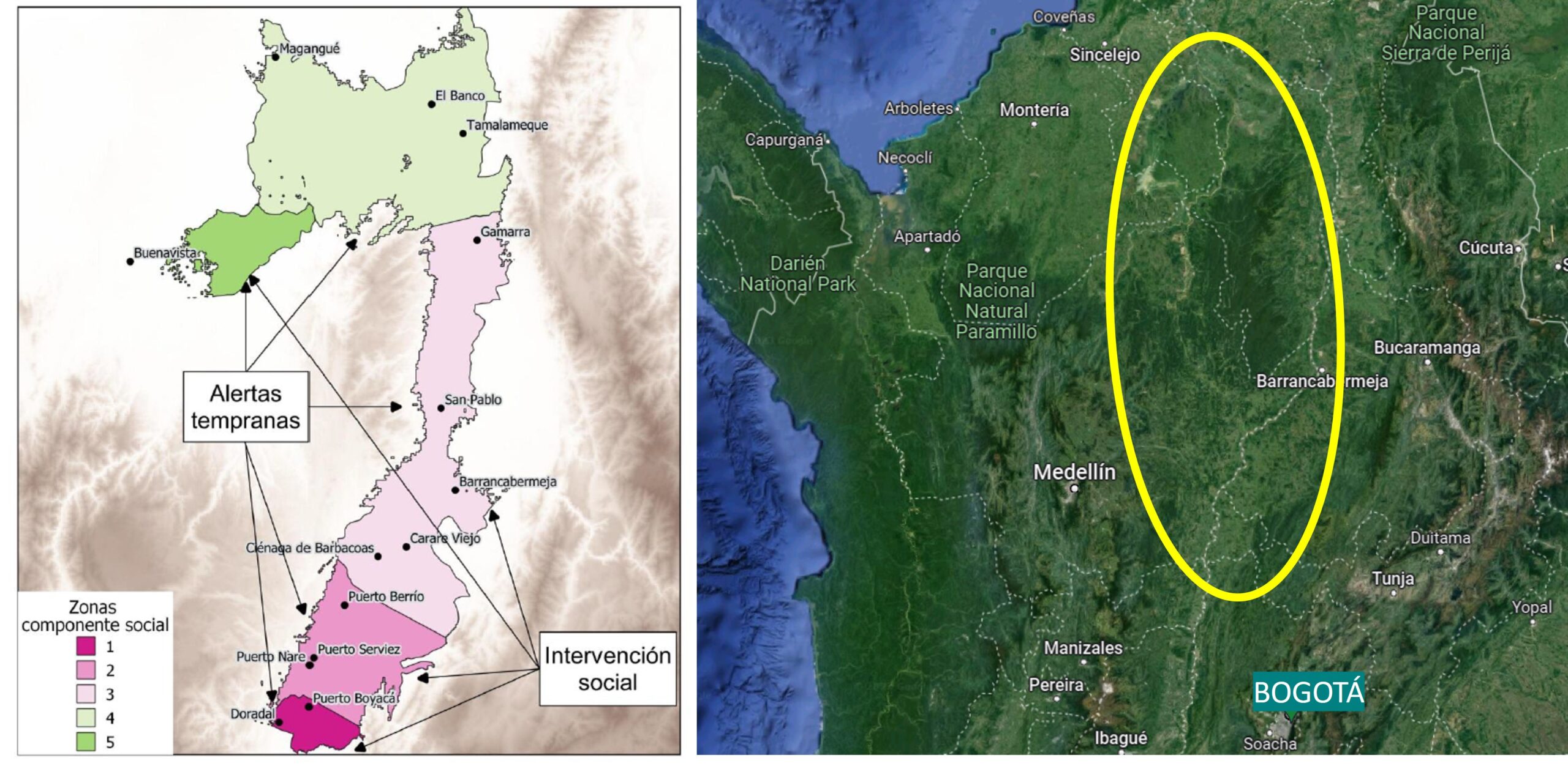 Map detail of current Colombia's hippos range from the recent scienitific report, and the range projected onto Google map.