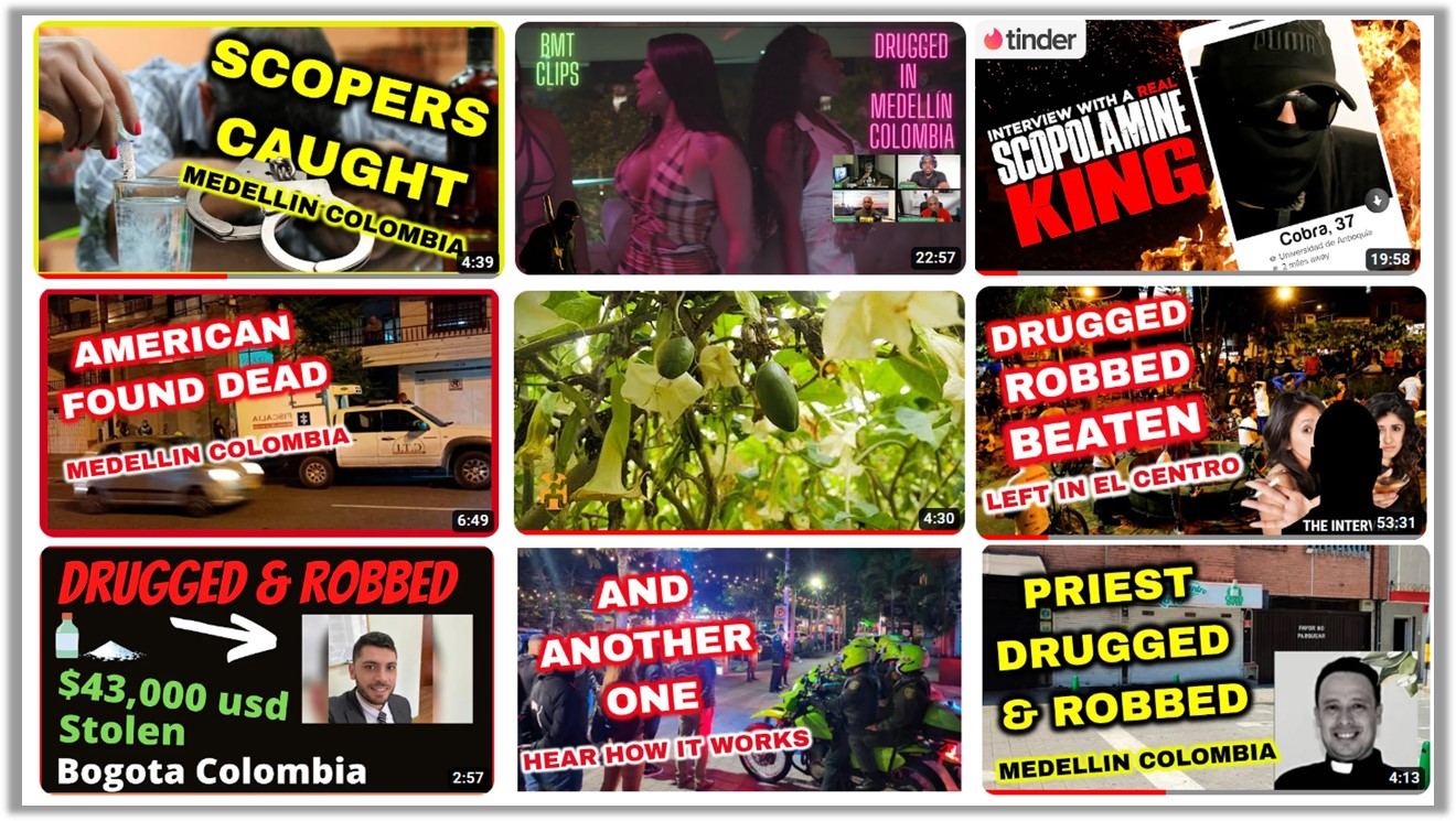 Some of the many on-line videos describing recent drugging attacks in Colombia. 