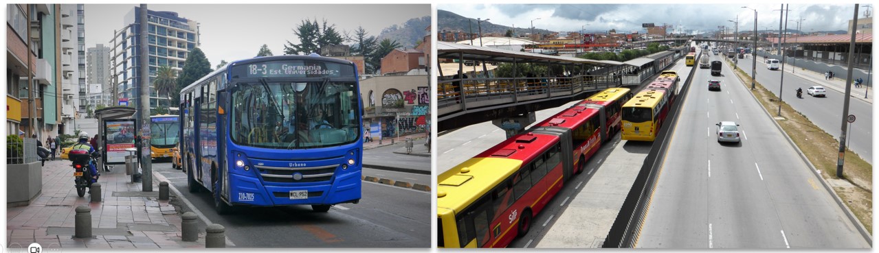 A typical Zonal or Urban blue bus, the most ubiquitous in the city. Transmilenio buses, right, are articulated and run on dedicated bus lanes.