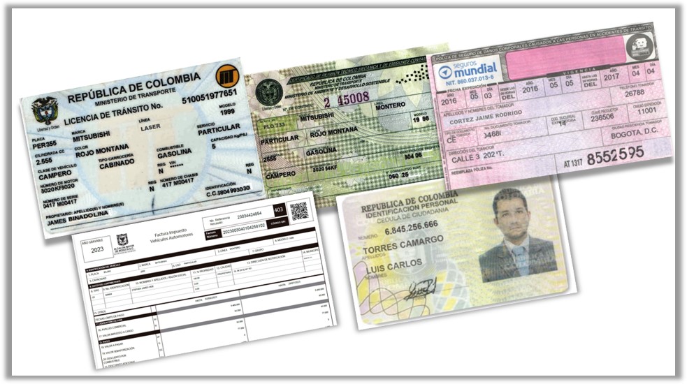 Docs to check: (top row) Car Licence Card, Technical Revision, SOAT Insurance. (bottom row). Tax receipts, Owners CC.
