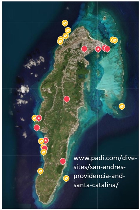 PADI interactive map with dive sites and shops.