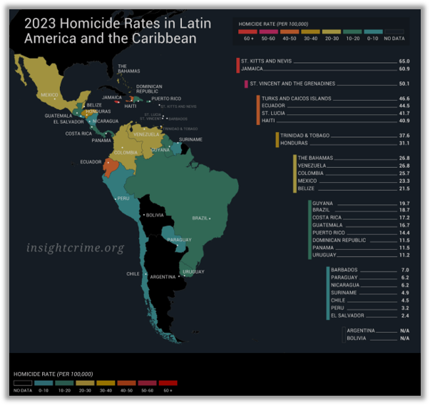 Insight Crime map of 2023 homicide rates in Latin America.