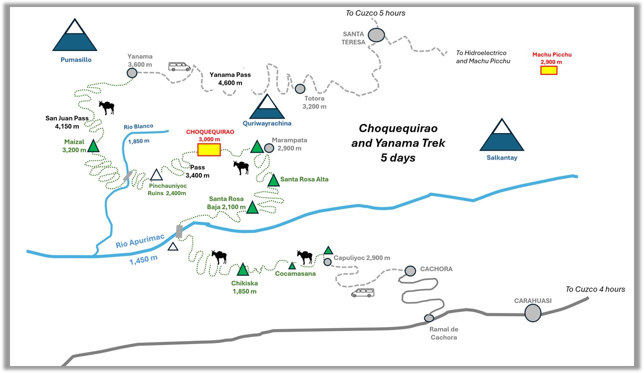 Map of the Choquequirao trek, and route on to Yanama. Yoo can reach Cuzco by bus from the start and end of the trek.