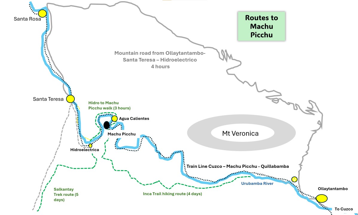 My own map of access to Machu Picchu. There are two points - Hidrolectrica and Ollantaytambo - that are the nearest road-accessible points to the site. Aguas Calientes is only accessible by road or walking.